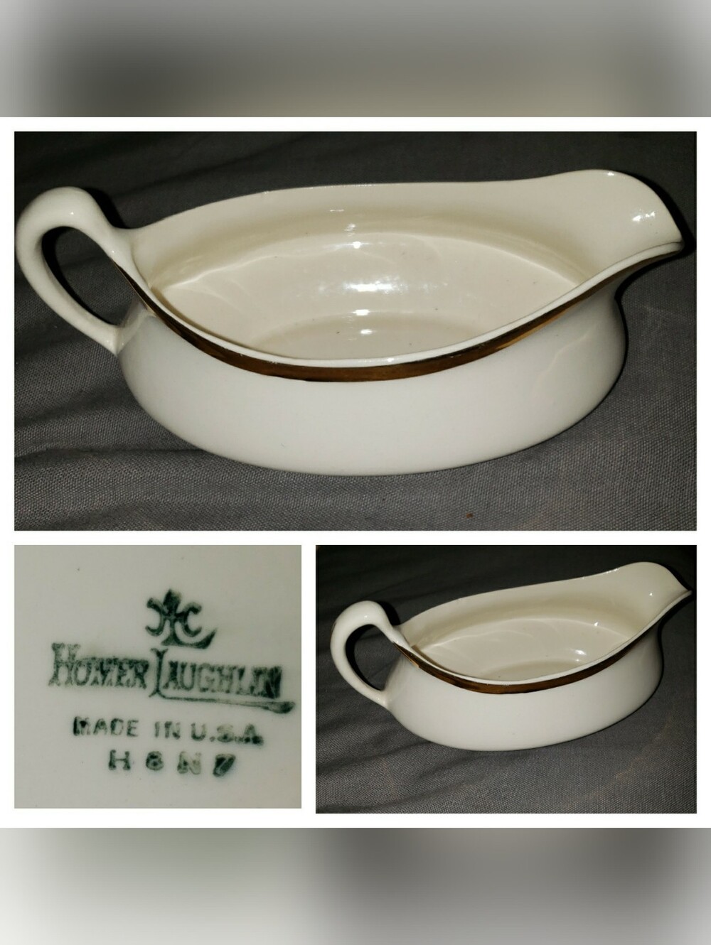 Homer Laughlin Ivory Gravy Boat with Gold Trim Accent